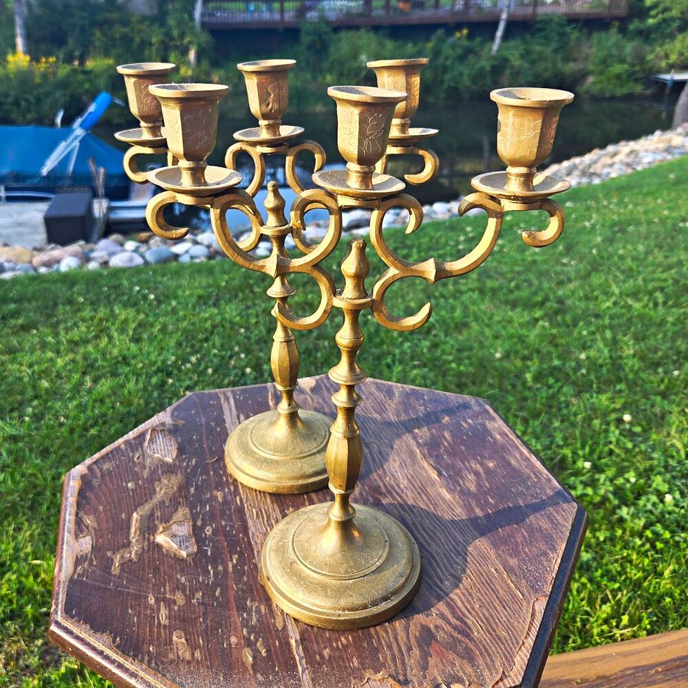 VTG Solid Brass Candelabra 5 Light Etched Floral Candelabras Set Pair 12 Inch